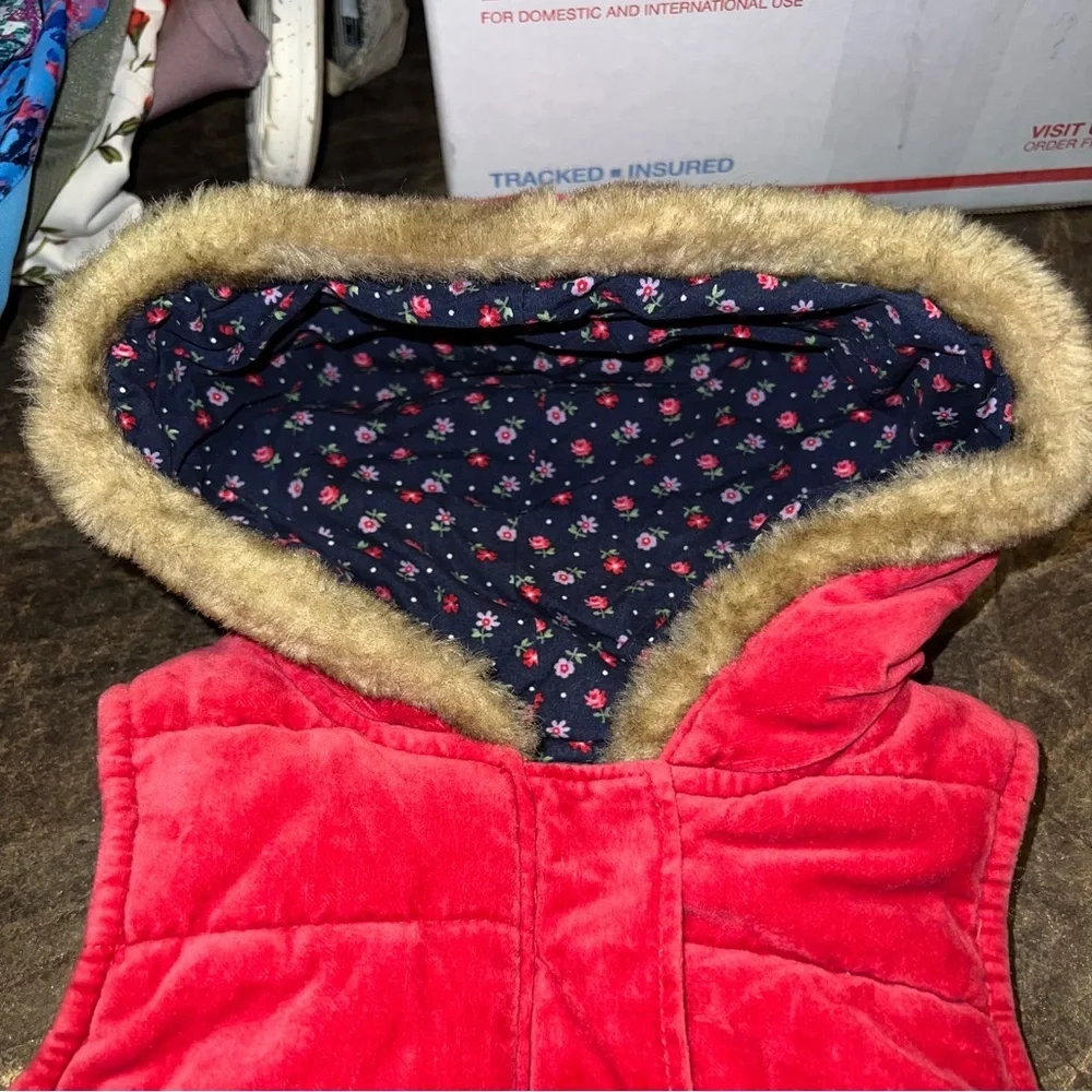 Vintage OshKosh Hooded Red Velvet Jacket Vest Youth Girls 18 months Floral Lined
